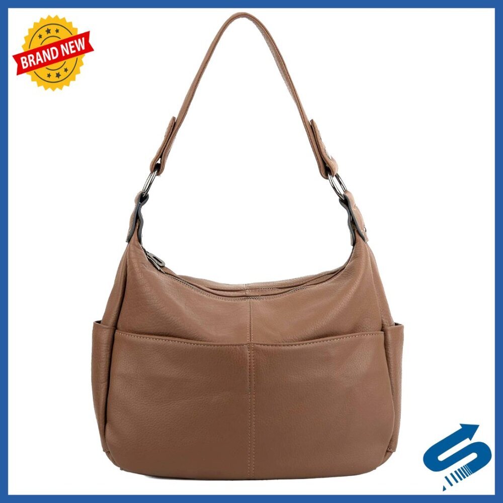 Genuine Leather Hobo Bag with Crossbody Strap, Double Zipper Pockets